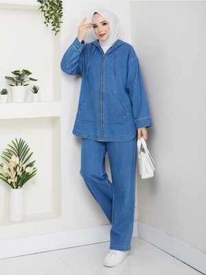 Pamuk Butik Kadın Pantolonlu Ikili Salaş Kot Takım -PMK488