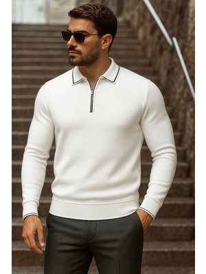 Comstar Erkek Trend Fermuarlı Uzun Kollu Beyaz Polo Yaka Kazak
