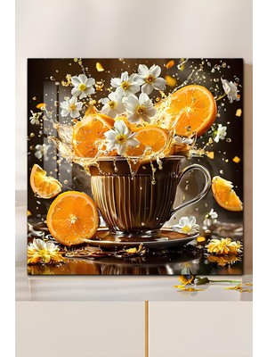 KutuTR 3D Görünümlü Çiçek ve Turunçlu Bardak Tasarımlı Temperli Cam Kare Tablo 33X33 cm Uv BASKI-CTK049