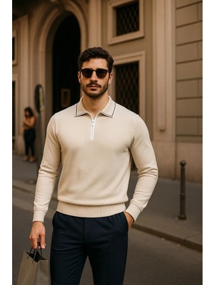 Comstar Erkek Fermuarlı Bej Uzun Kollu Polo Yaka Triko Kazak