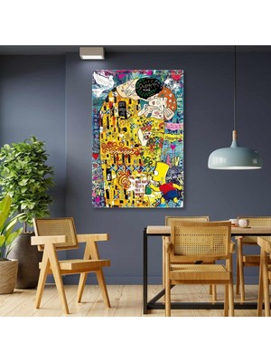 Gustav Klimt Öpücük Tablosu Grafitti Dikey Hd Baskı Kanvas Tablo