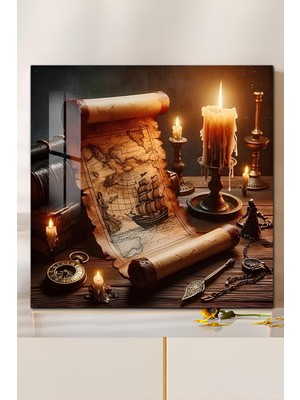 KutuTR 3D Görünümlü Antik Harita & Keşif Temalı Temperli Cam Kare Tablo 33X33 cm Uv BASKI-CTK050