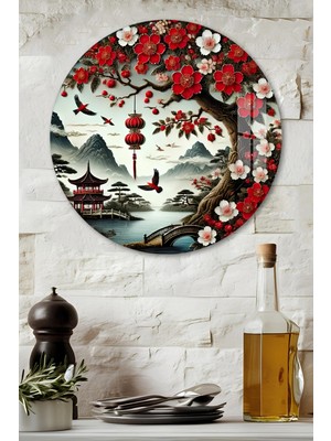 KutuTR 3D Görünümlü Temperli Cam Tablo – Çin Manzarası ve Çiçek Deseni Duvar Süsü Uv Baskı 33X33 CM-CDS121