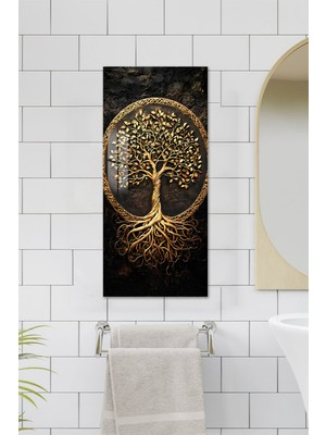 KutuTR Altın Hayat Ağacı Temalı Temperli Cam Dik Tablo 30X60 cm Ebadında Uv Baskı - DCT038
