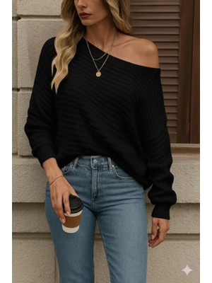 Kadın Uzun Kollu Tek Omuzu Açık Triko Bluz