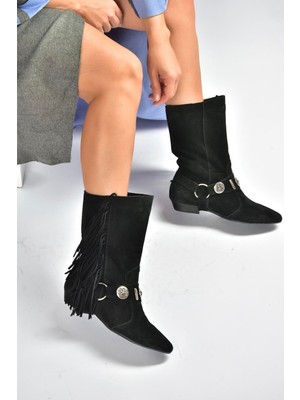 Fox Shoes V380625502 Siyah Süet Püskül Detaylı Kadın Bot