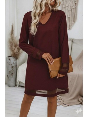 Mareandpanda Kadın Uzun Kollu V Yakalı Tül Şerit Detaylı Mini Krep Elbise