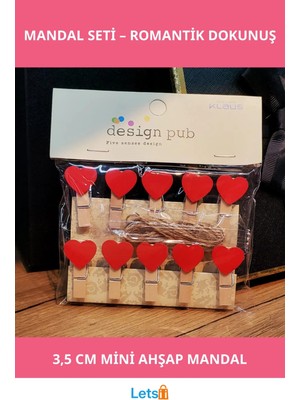 Letsii Kırmızı Kalpli Ahşap Mandal Seti 10 Adet Mini Dekoratif Mandal