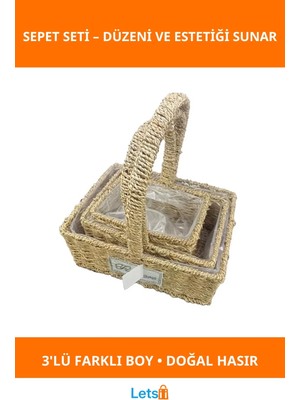 Letsii Doğal Hasır 3'lü Kare Sepet Seti Saklama ve Dekorasyon