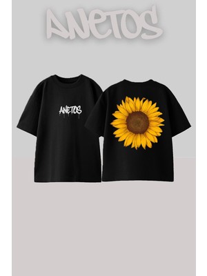 Anetos Aycicegi 3 Tasarım Sırt Baskılı Pamuk Siyah Oversize T-Shirt