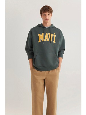 Mavi Erkek Logo Baskılı Kapüşonlu Sweatshirt M067149 Koyu Yeşil