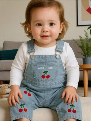 Altıntaş Baby Kiraz Nakışlı Örme Kot Kumaş Salopet T-Shirt Mevsimlik 2li Set