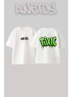 Anetos Toxic Tasarım Sırt Baskılı Pamuk Beyaz Oversize T-Shirt