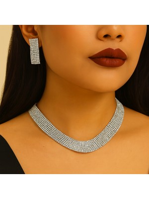 Düğün ve Davet Için  Kristal Taşlı Kolye ve Küpe Seti