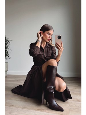 Sue Store Acı Kahve Korseli Cep Detaylı Maxi Gömlek Elbise