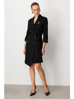 Accort Kruvaze Yaka Düğmeli Ceket Elbise-Siyah-Siyah