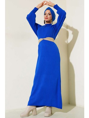 Hiccup Kadın Bdart Dik Yaka Ribanalı Triko Elbise Fas Mavisi