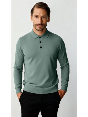 İGS Mint Yeşili Standart Fit Dar Kalıp Polo Yaka Düz Uzun Kollu  Triko