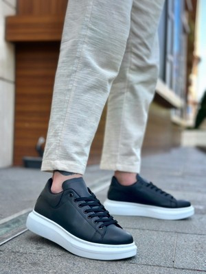 BA0547 Boa Kalın Yüksek Taban Siyah Beyaz Bağcıklı Spor Erkek Ayakkabı