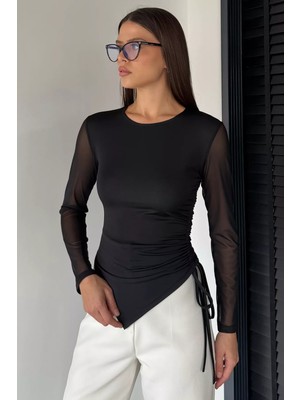 Gülseli Kadın Yan Büzgü Detaylı Kollar Tüllü Likralı Bluz P-00018735