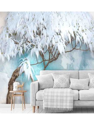 Dreamwall Beyaz Yapraklı Ağaç Desenli Sağlıklı Tekstil Duvar Kağıdı