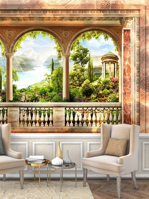 Dreamwall Doğa ve Deniz Manzaralı Teras Desenli Sağlıklı Tekstil Duvar Kağıdı