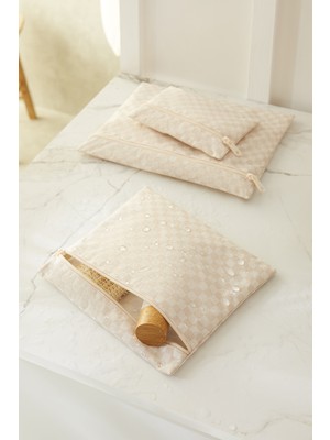 Ocean Home Textile 3'lü Su Geçirmez Pvc Astarlı Bej Dama Desen Islak Kuru Çantası 20 x 13 / 24 x 20 / 30 x 24 cm