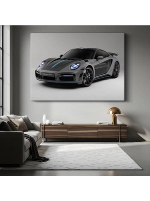 GülsenArt Porsche 911 Turbo S Kanvas Tablo Gri Topcar Modifiyeli Spor Otomobil Tablo