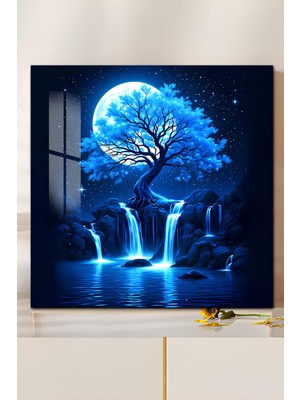 KutuTR 3D Görünümlü Temperli Cam Tablo – Ay Işığında Şelale ve Ağaç Temalı 33X33 cm Uv BASKI-CTK095