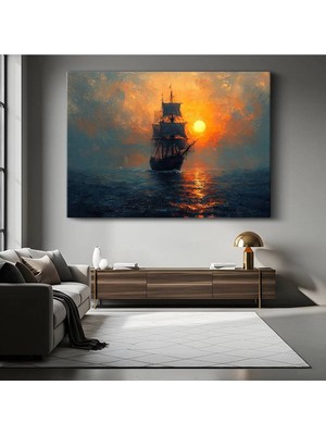 GülsenArt Yelkenli Gemi Güneş Batımı Kanvas Tablo Okyanus Seyri Denizcilik Tablo
