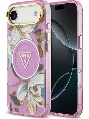 iPhone 17 Air Kılıf Guess Lisanslı M-Safeli Simli Çiçek Desenli Metal Kamera Çerçeveli Kapak Mor