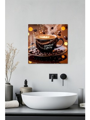 KutuTR 3D Görünümlü Temperli Cam Tablo – International Coffee Day Temalı Uv Baskı 33X33 CM-CKT030