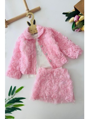 Miniğimin Cicileri Gül Detaylı 3 Lü Kız Çocuk takım - Pembe