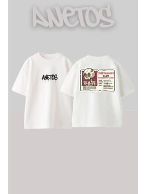 Anetos Overthınkres Tasarım Sırt Baskılı Pamuk Beyaz Oversize T-Shirt