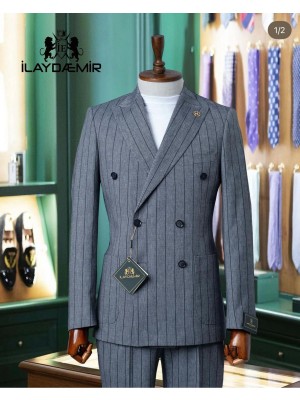 İlayda Emir Kırlangıç Yaka, Slim Fit, Kruvaze, Torba Cepli, Çizgili Erkek Takım Elbise,ankrasit Gri