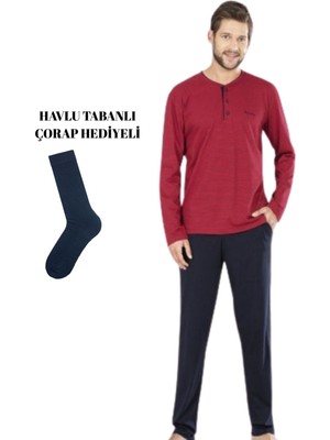 Pierre Cardin Erkek Bordo Yakası Düğmeli Pamuklu Pijama Takımı Çorap Hediyeli
