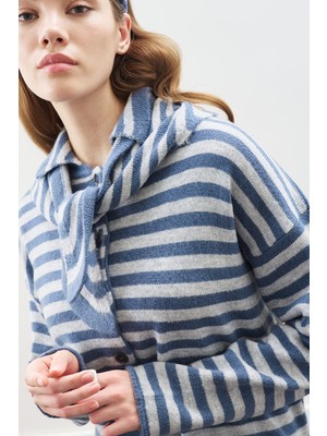 Manuka Atkı Detaylı Çizgili Hırka Indigo