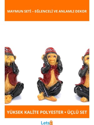Letsii Eğlenceli Polyester Maymun Dekoratif Obje 3'lü Set