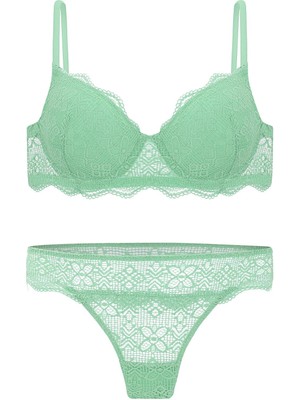 Wonna Anna 2736 Dantelli Dekolte Sütyen ve Külot Takımı- Dolgusuz Yeşil