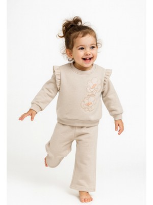 Divonette Kız Çocuk Sweatshirt Şardonlu Kumaş Gri Uzun Kollu Çiçek Desenli Çocuk Sweat