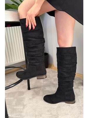 Preshley Kadın Mika Siyah Süet Düz Taban Büzgülü Diz Altı Boy Çekme Çizme