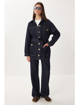 Happiness İstanbul Gold Düğmeli Kuşaklı Denim Ceket Pantolon Takım LRI0010 Koyu Mavi
