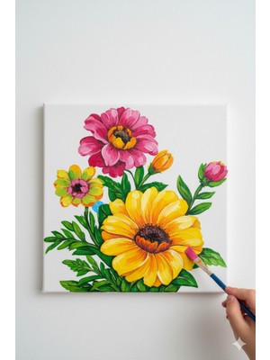 Okul Etkinliği 20X20 Resimli Tuval Çocuk Boyama Seti-Çiçekler_model-23 Resimli 3 Boya 1 Fırça