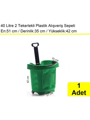Akdenizpos Tekerlekli Plastik Market Alışveriş El Sepeti 40 Litre Yeşil 1 Adet