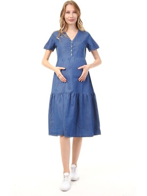 Luvmabelly MYRA5025 Mavi Hamile Elbisesi Kot Düğmeli Cepli Spor Şık Tasarım