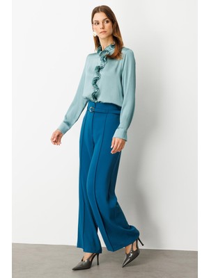 Accort Yüksek Bel Kemer Detay Krep Pantolon-Petrol