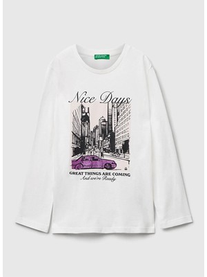 Benetton Baskılı Ekru Kız Çocuk T-Shirt 35RYC10QE