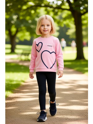 PayBuy Kız Çocuk Kalp Desenli Pamuklu Bisiklet Yaka Uzun Kollu Üst ve Tayt Takımı Kaliteli Şık Rahat