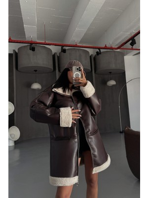 Nnstartshopping  Deri Mont Kol ve Yaka Peluş Kapaksız Cep Detaylı - Kahverengi