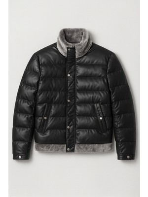 Valiberta Gustav Yakası Kürklü Çıtçıtlı ve Fermuarlı Erkek Mont - Siyah